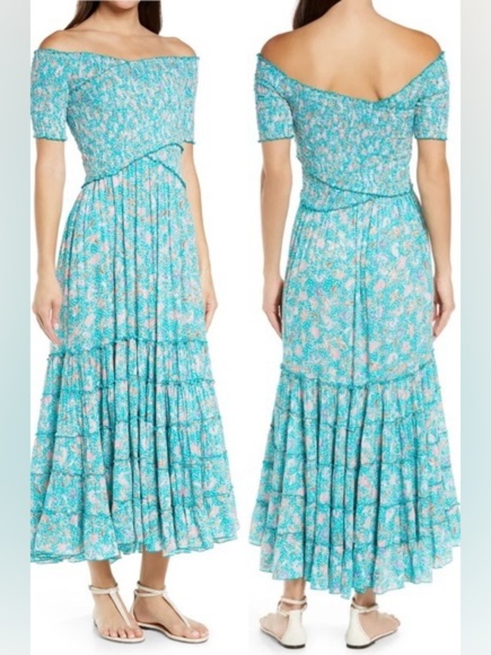 Poupette St. Barth Soledad Smocked Midi Dress Tropical Floral Size S Resortwear
